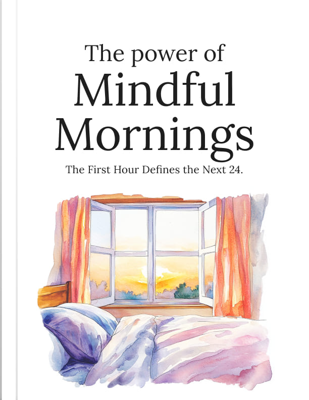 Book cover of 'The power of Mindful Mornings' with a window view and colorful curtains.