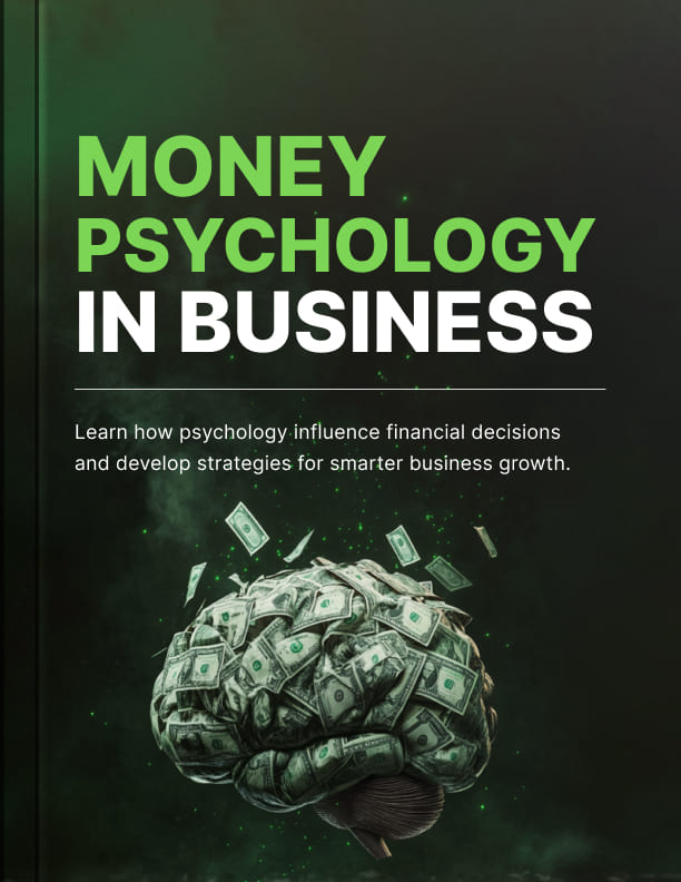 Book cover of 'Money Psychology in Business' with a brain made of money notes on a dark background.