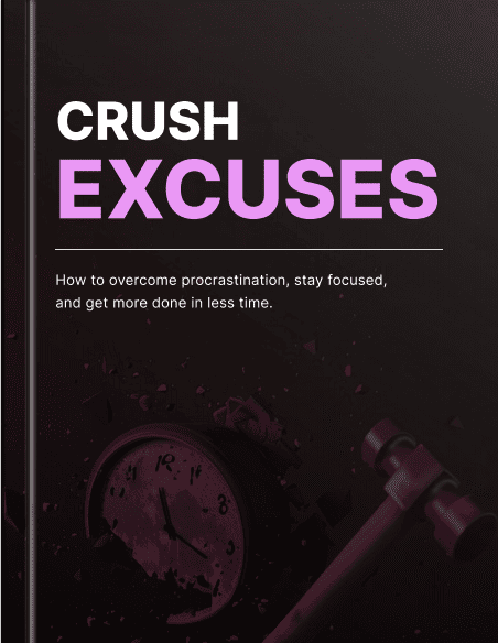 Book cover with 'Crush Excuses' title and clock illustration on a dark background
